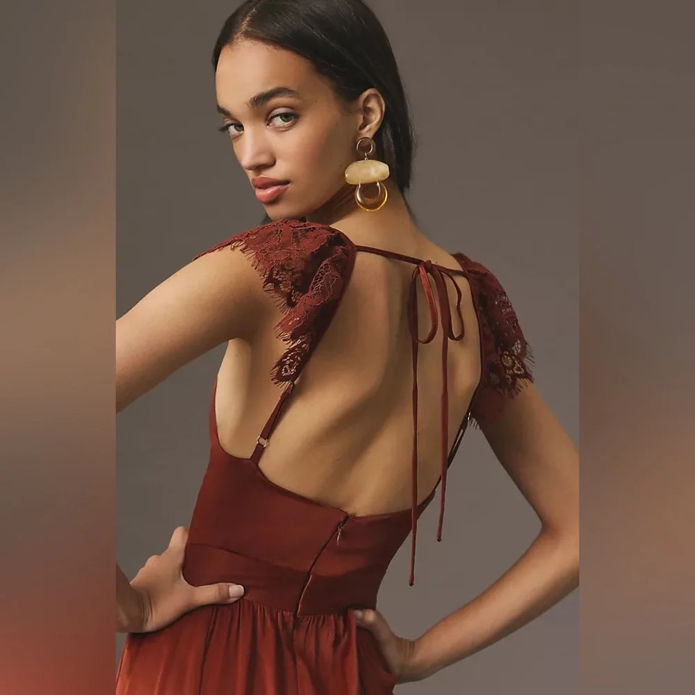 By Anthropologie Lace Mix Jumpsuit red rusty brown 2 - Picture 3 of 10